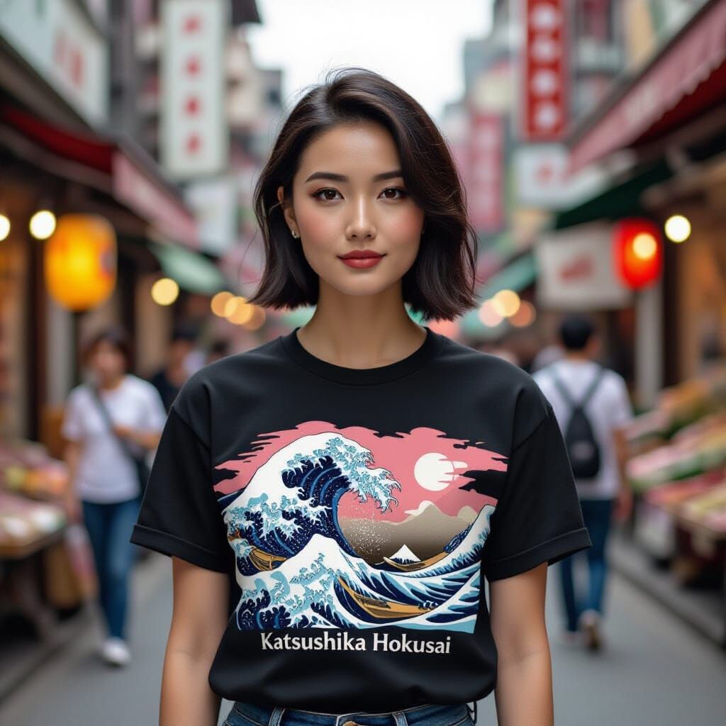 Woman in Tokyo with Hokusai Wave Shirt