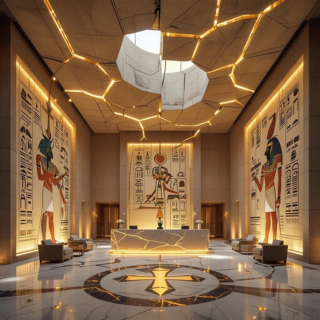 Egyptian-Japanese Reception Hall with Golden Sunlight
