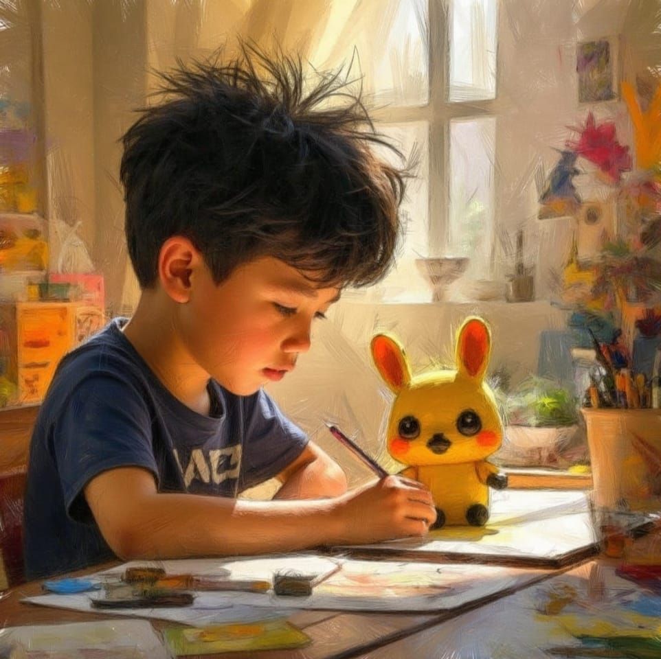 Boy Drawing Chibi Animal in Vibrant Artistic Style