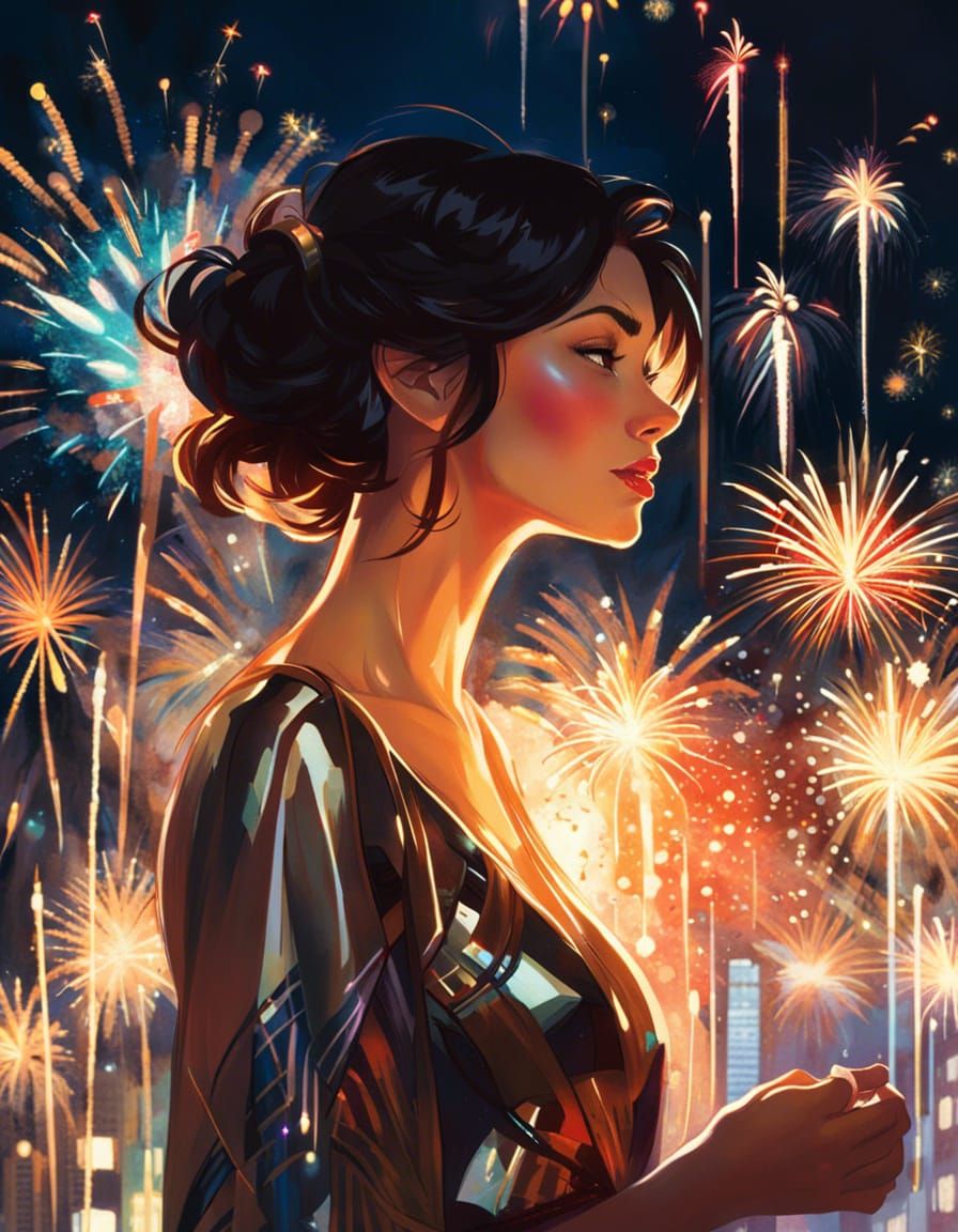 Woman Watching New Year Fireworks in Digital Art Style