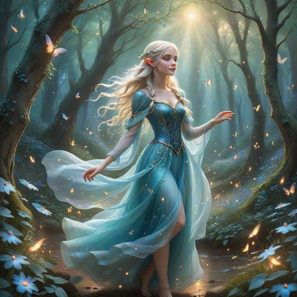 Whimsical Elf Dancing in Enchanted Woodland