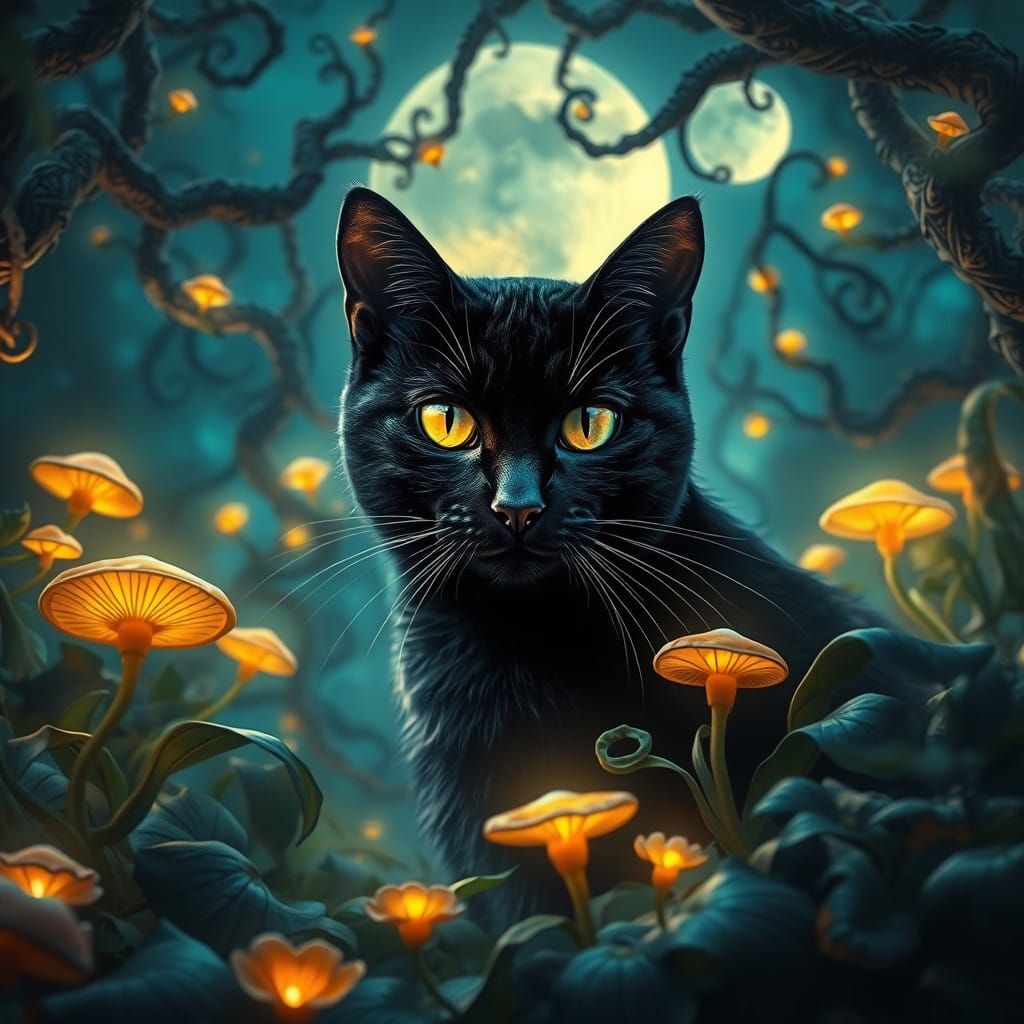 Surreal Fantasy Garden Scene with Majestic Black Cat