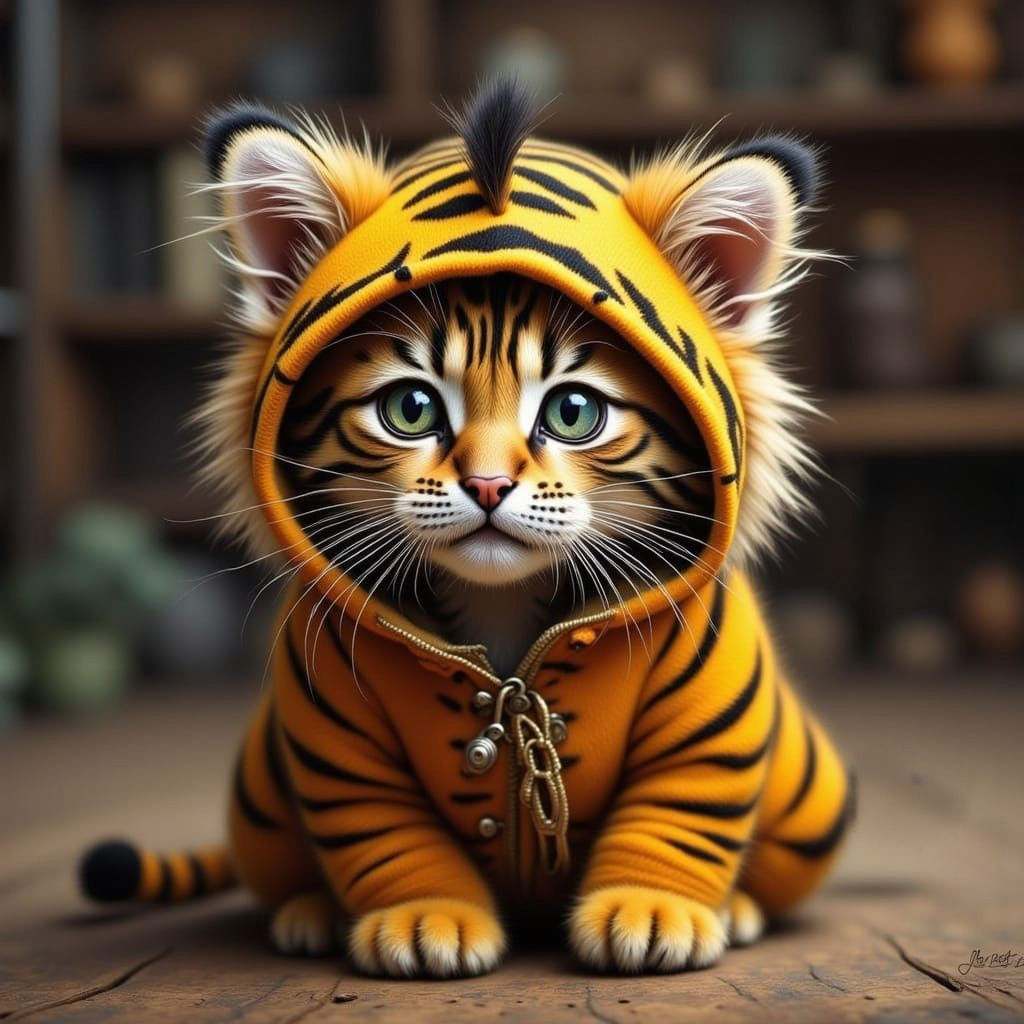 Fluffy Cat in Tiger Costume with Tiny Mane