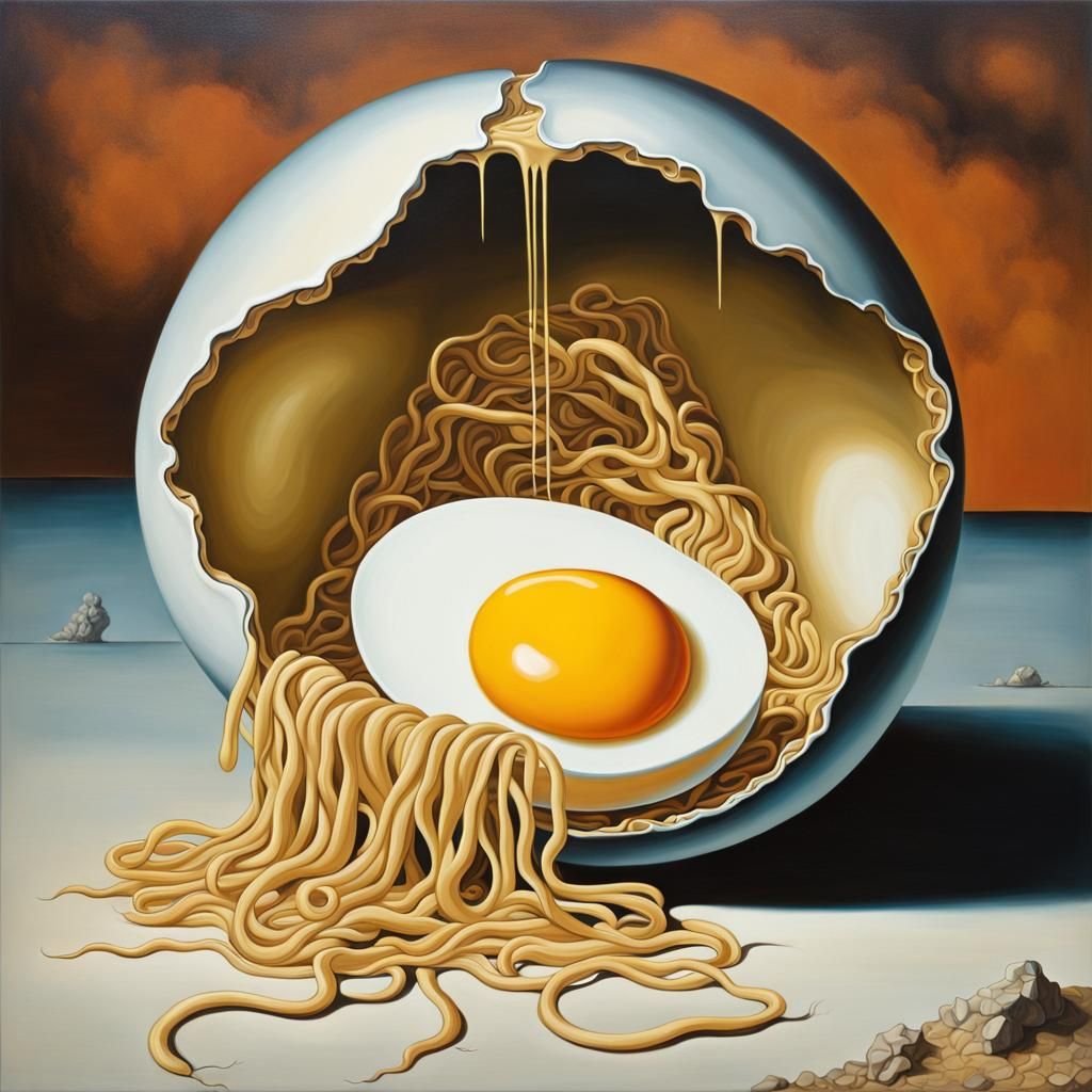 Surreal Cracked Egg with Ramen, Dali Style