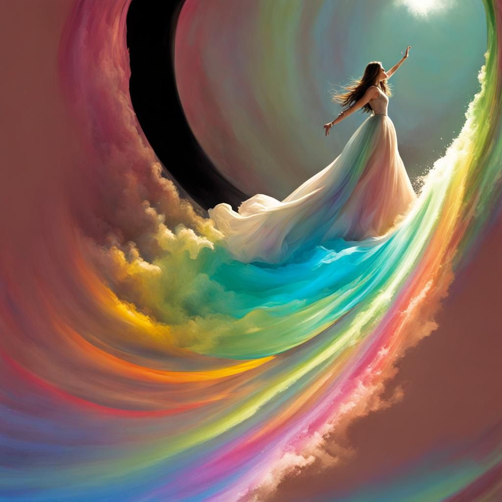 Person Rides a Colorful Rainbow