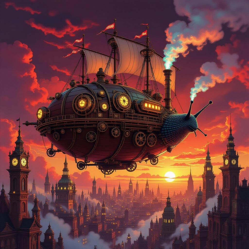 Steampunk Snail Airship Over Clockwork Metropolis