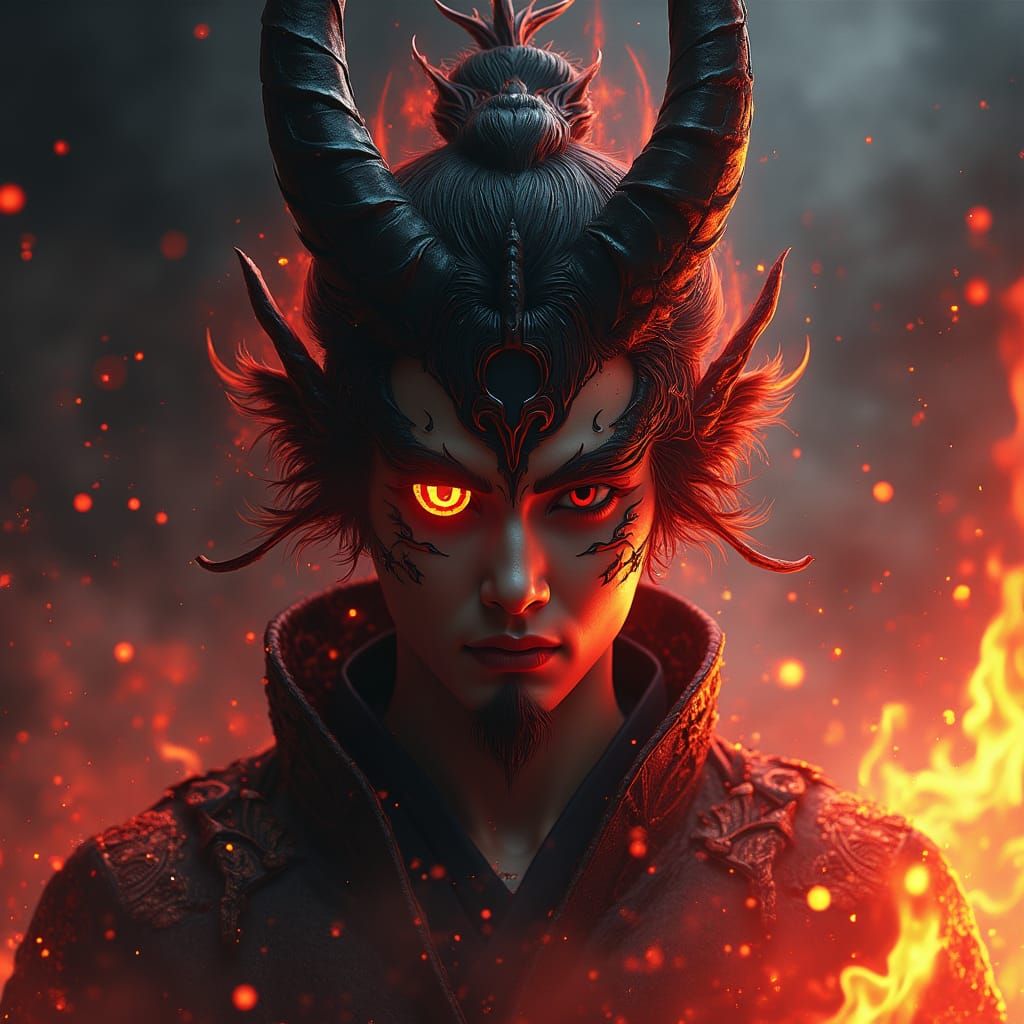 Devil God Portrait with Dragon Eye and Flames