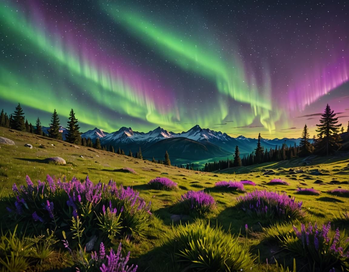 Vibrant Aurora Borealis over Alpine Meadow