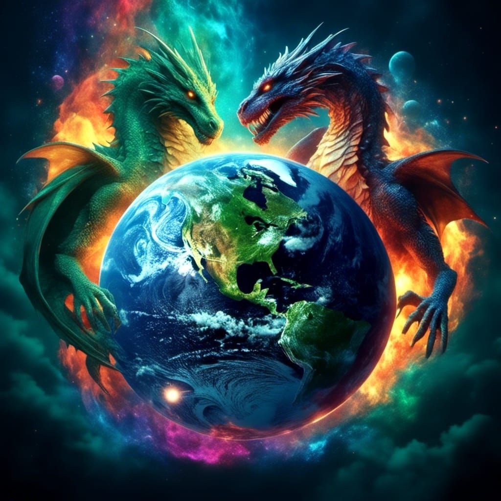 Earth Surrounded by Dragons and Rainbow Fire
