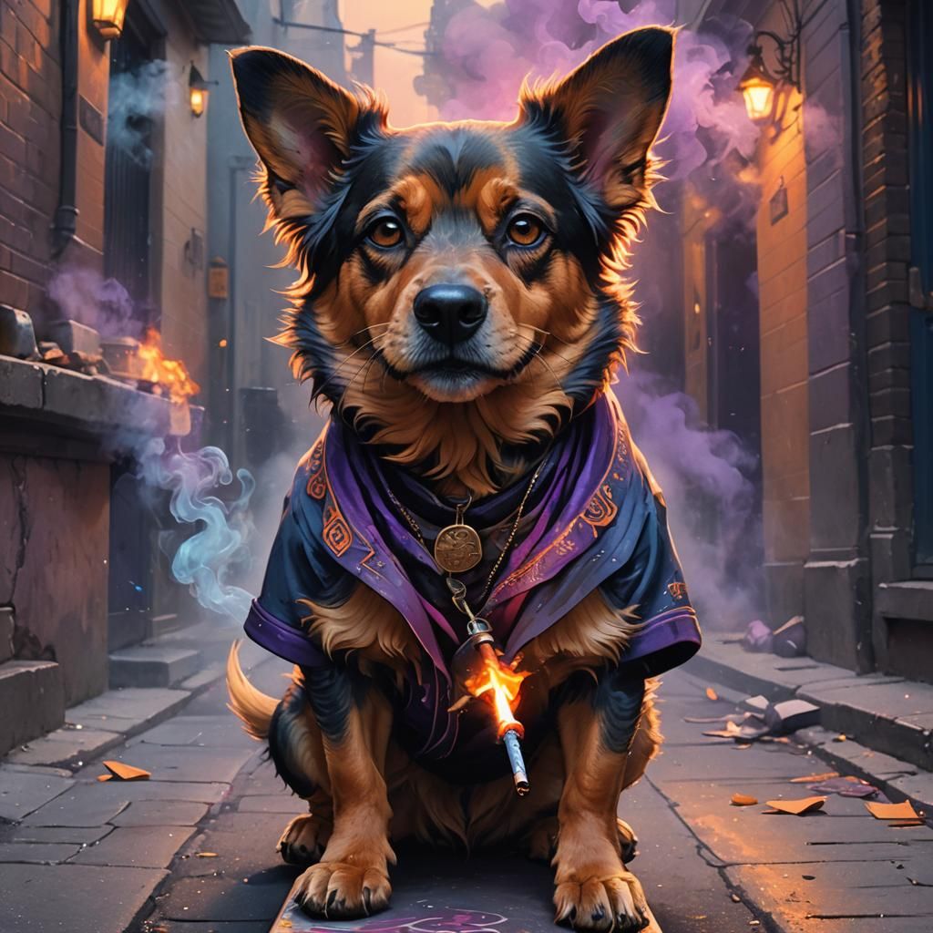 Smoking Dog in Dark Alley: Digital Art Nouveau