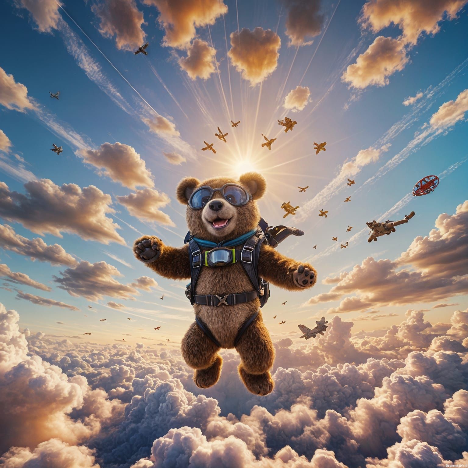 Teddy Bear Skydiving Adventure in 3D Digital Art