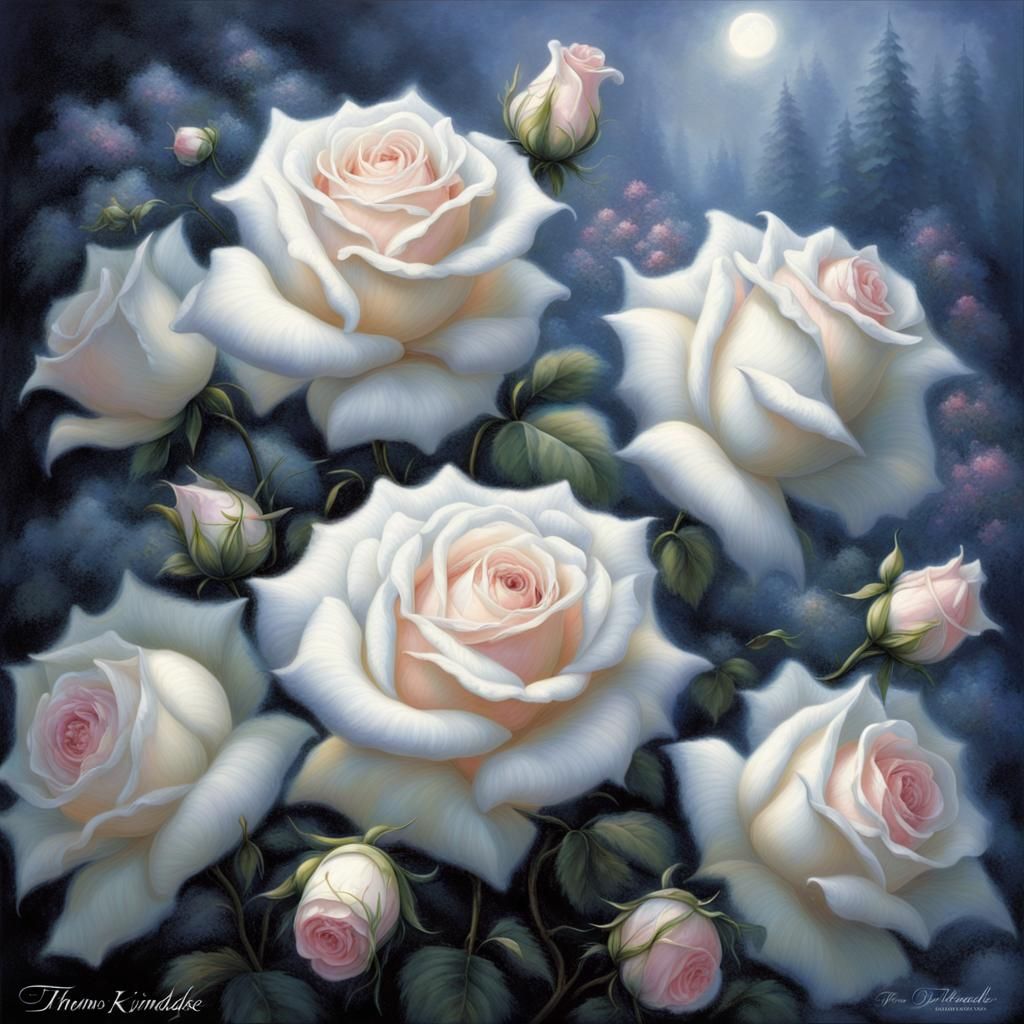 Ethereal White Roses on Midnight Blue, Fantasy Art