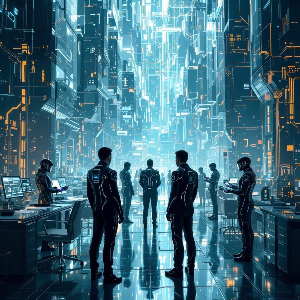 Futuristic Men in Transparent Metropolis