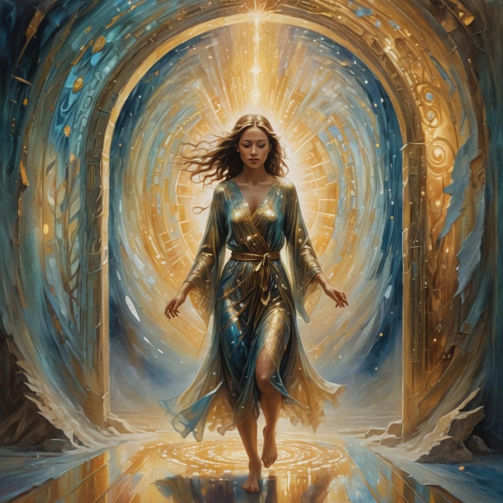 Woman Enters Shimmering Portal: Surrealist Oil Painting
