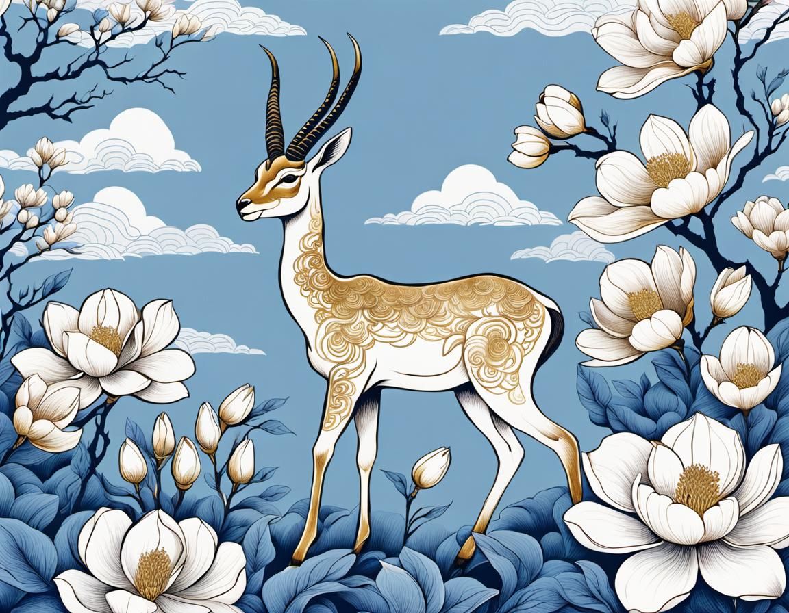 Magnolia Bird Line Art in Chinese Style