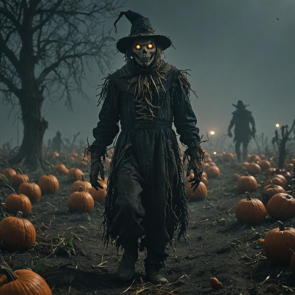 Scary Scarecrow Zombie in Dark Pumpkin Field