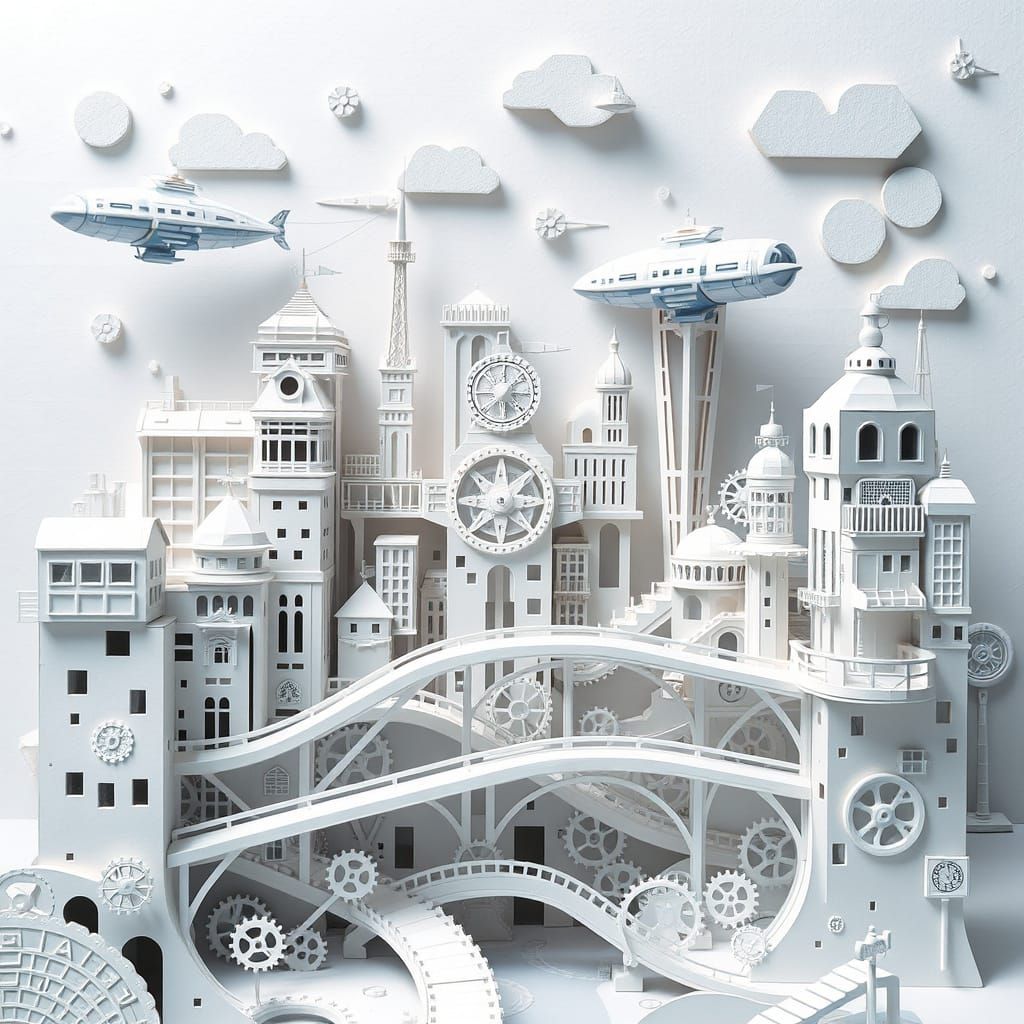 Futuristic Paper City with Clockwork Mechanisms