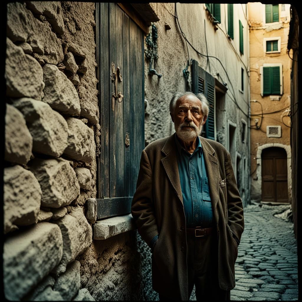 Moody Film Still: Old Man in Italian Alley