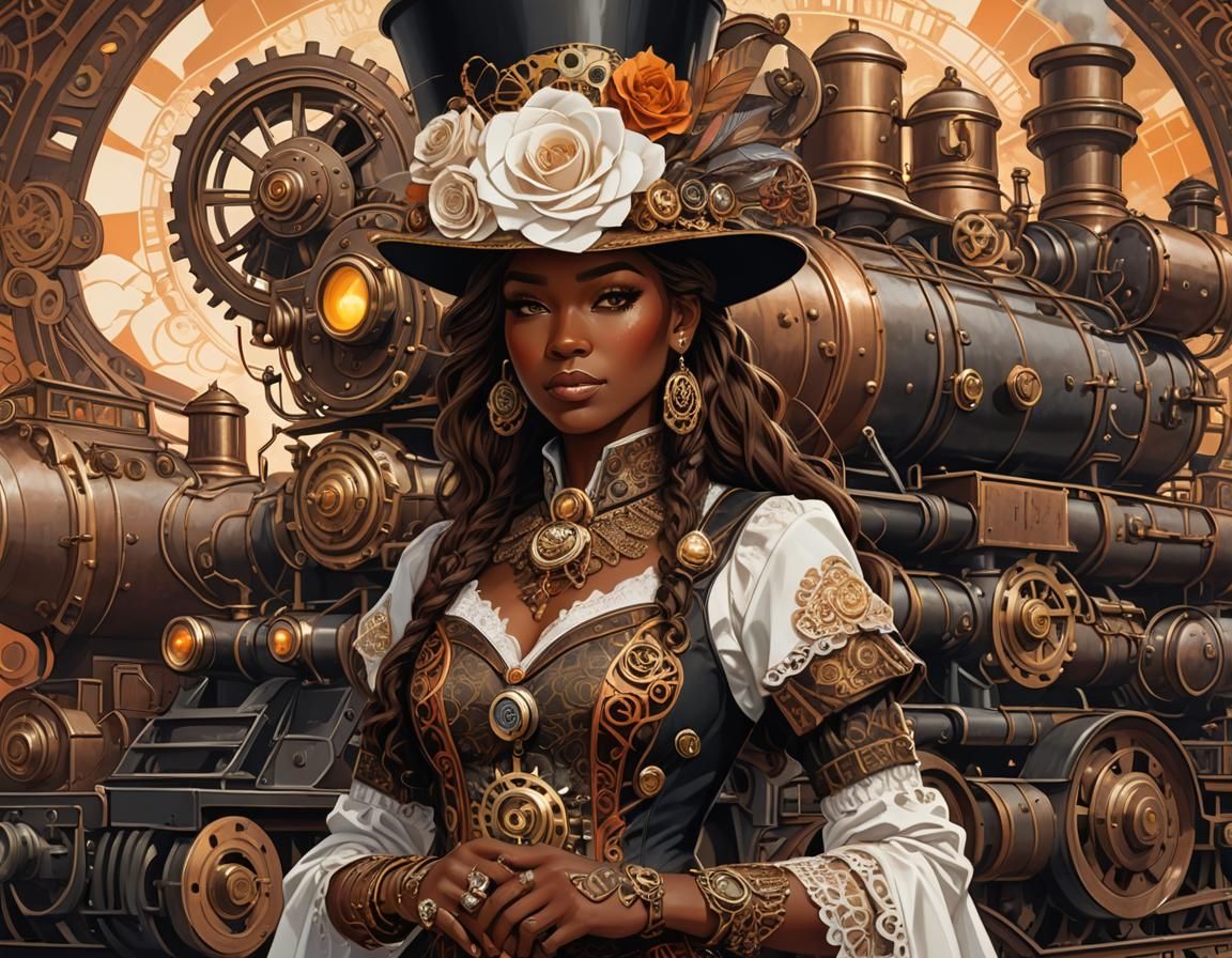 Steampunk Woman with Locomotive in Futuristic Illustration