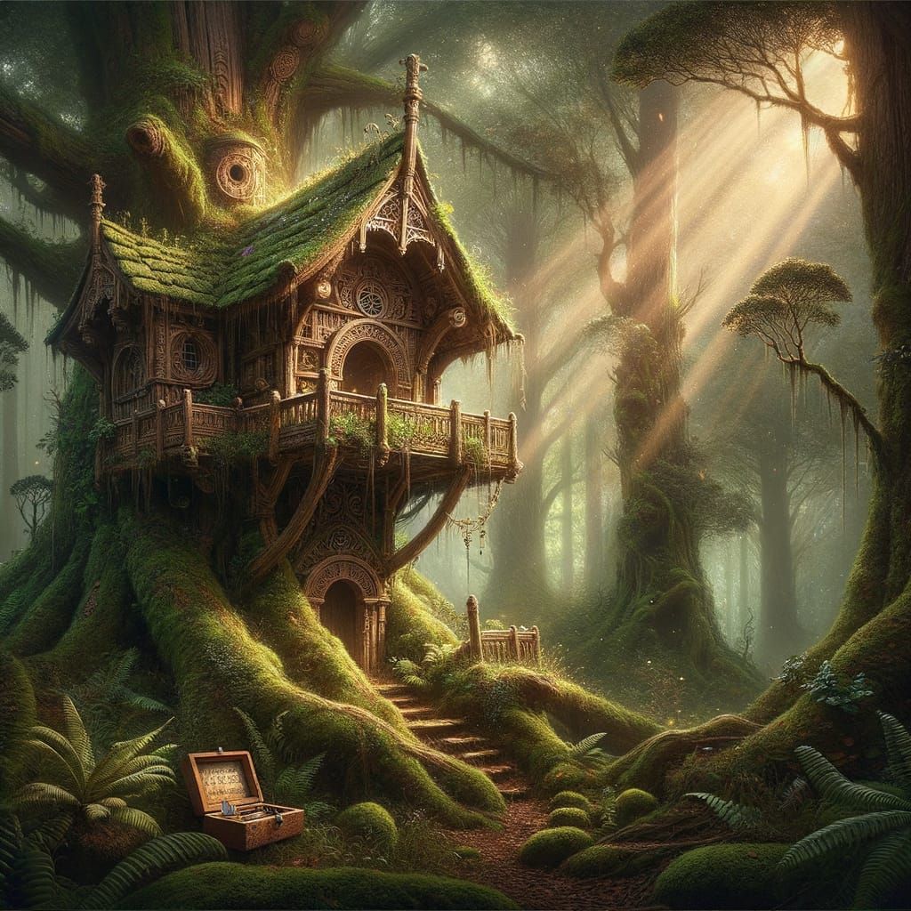 Enchanted Treehouse in Ancient Forest, Romantic Watercolor S...