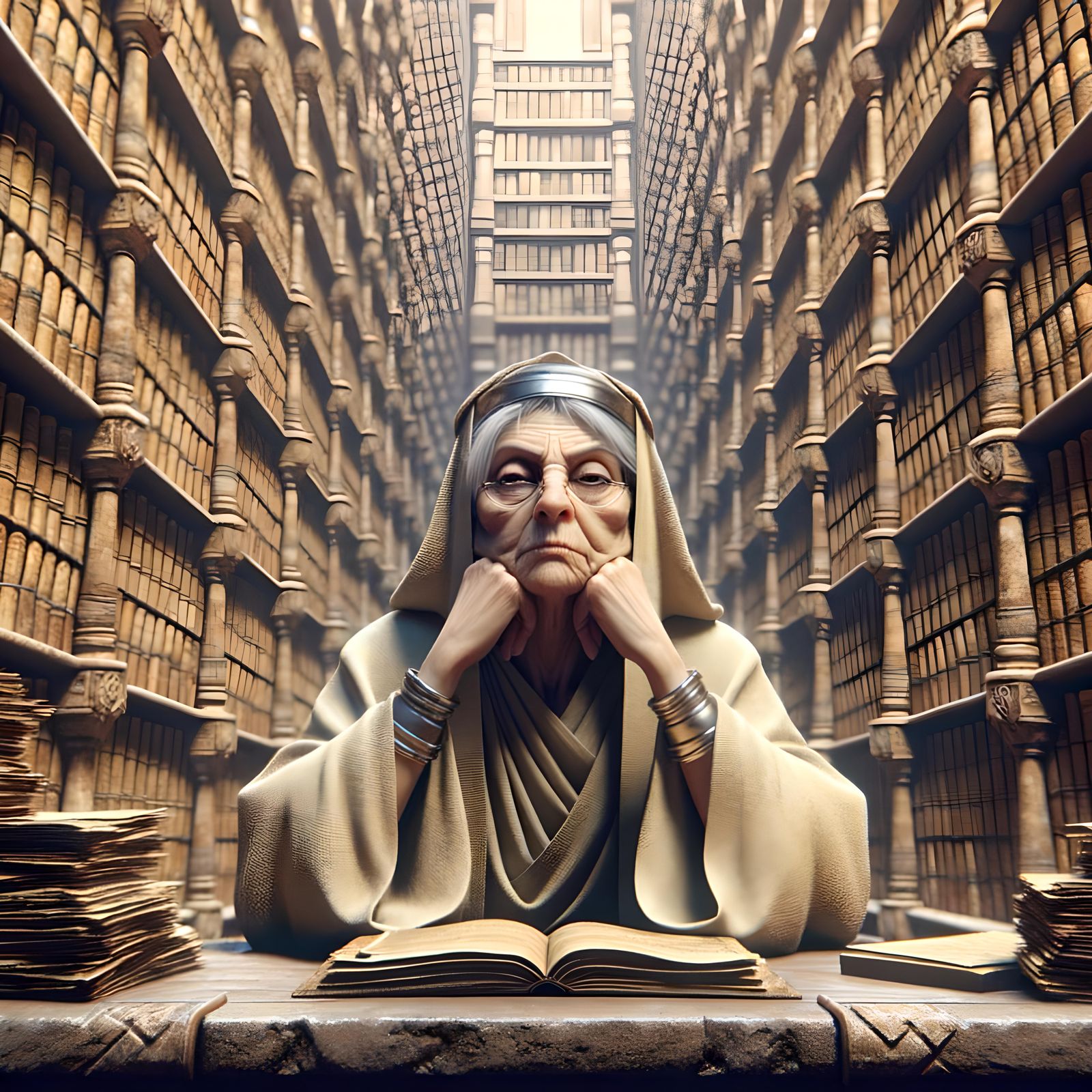 Ancient Librarian Bored in Old Library