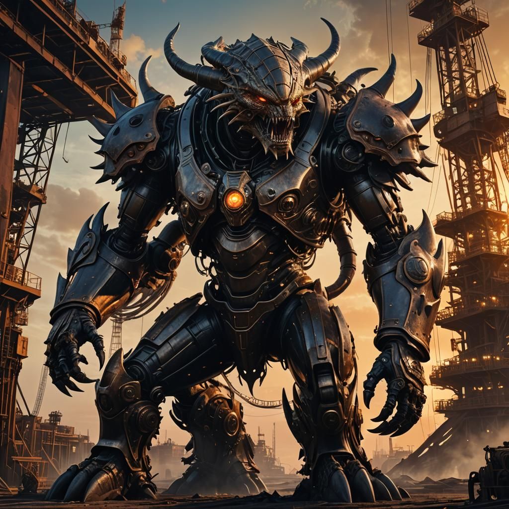 Alien Siegbeast Invades Oil Rig in Dark Fantasy Art