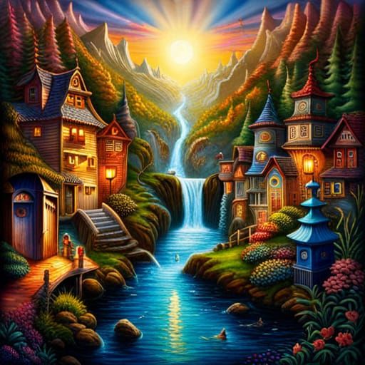 Magical Fantasy Landscape in Retrofuturism Style