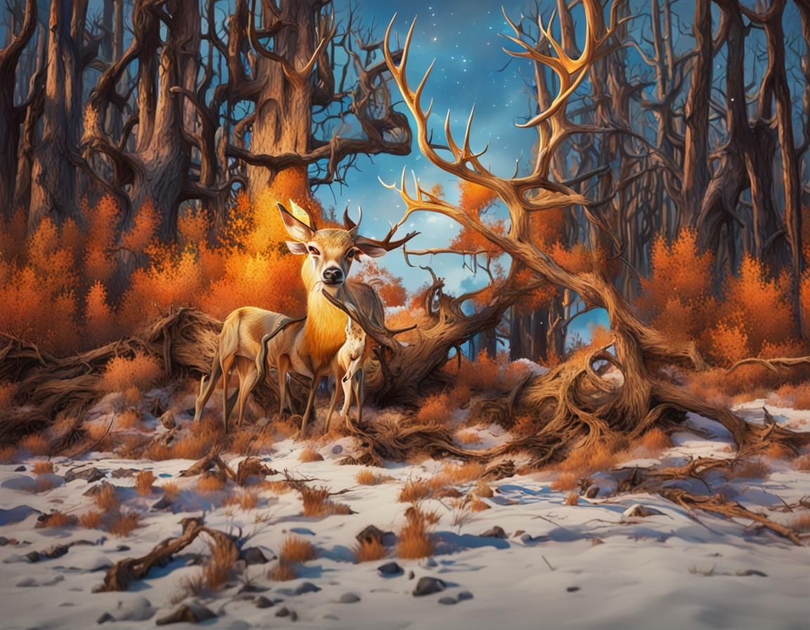 Deer in Barren Forest: Wildlife Conservation Art