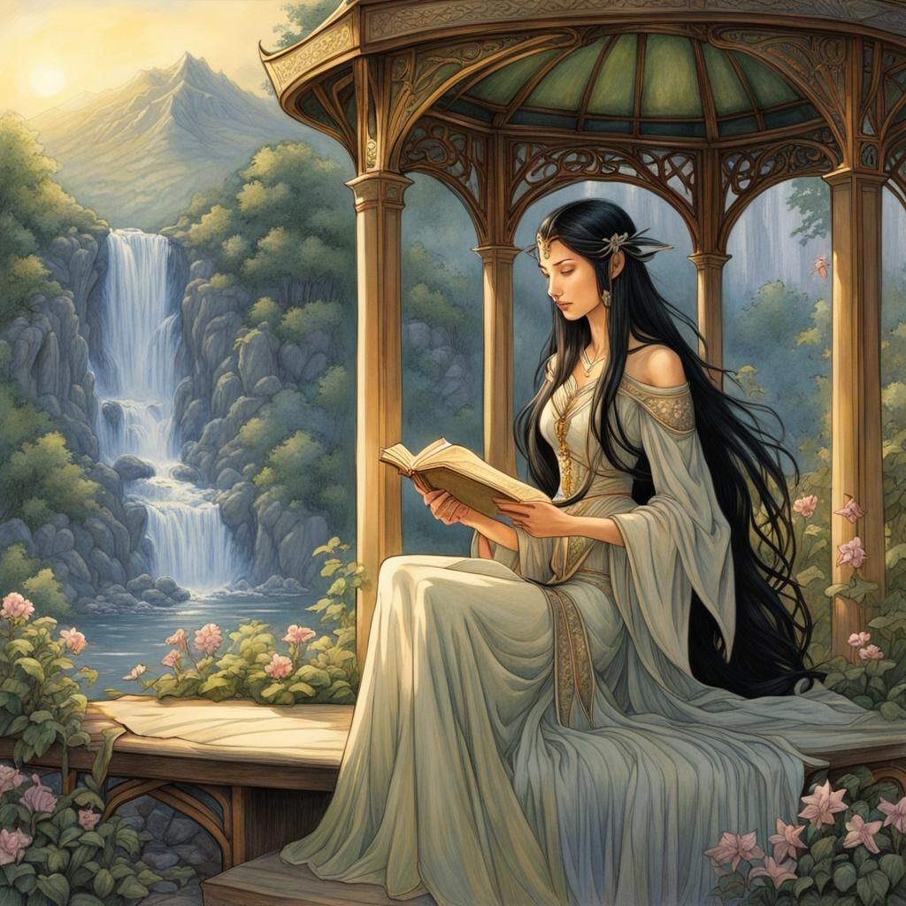 Arwen reads a book in Rivendell