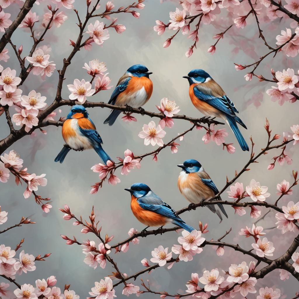 Birds in Cherry Blossom Tree