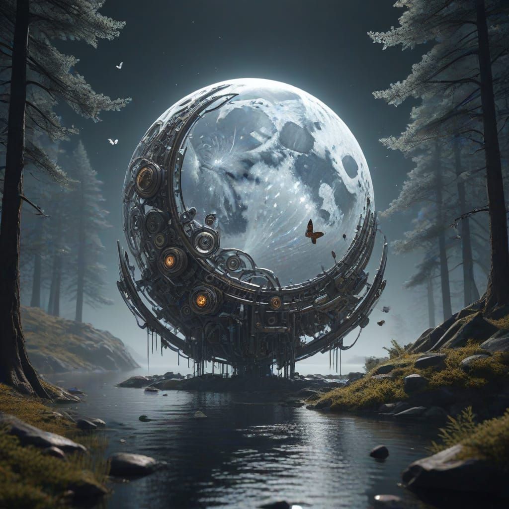 Clockwork Moon Over Still Lake: Visionary Acrylic Art