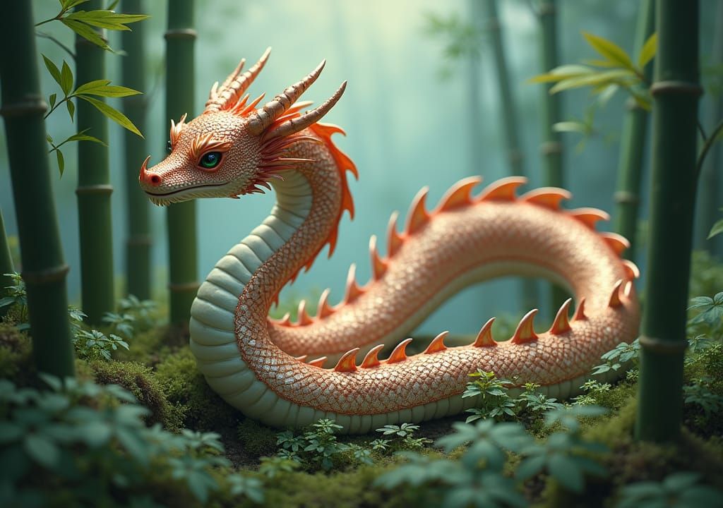 Iridescent Dragon in Misty Bamboo Forest