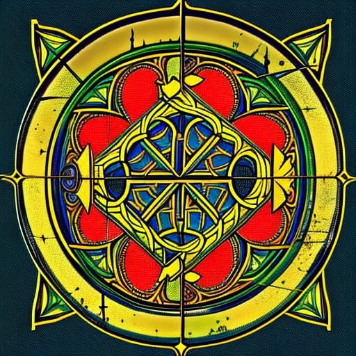 Vivid Stained Glass Heraldic Crest with Arcane Symbols