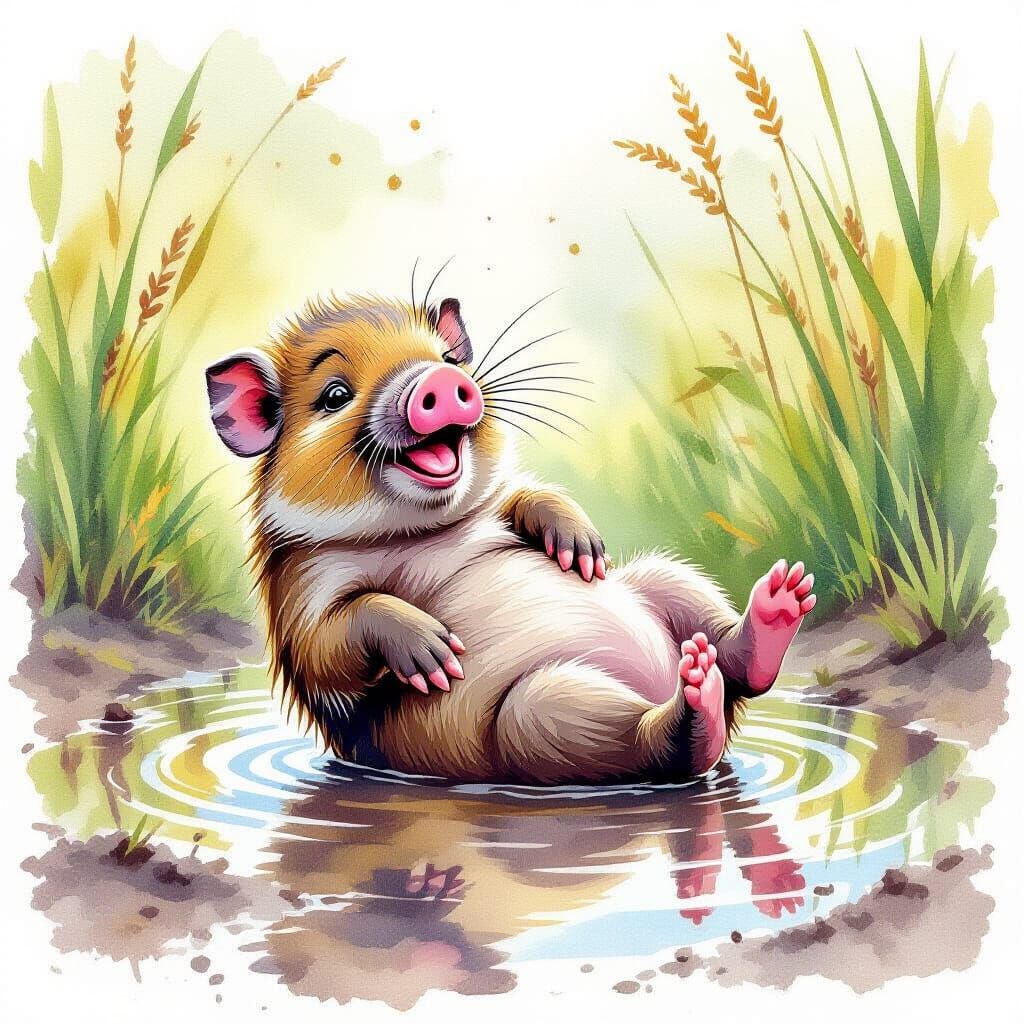 Happy Piglet Rolling in Mud, Watercolor Style