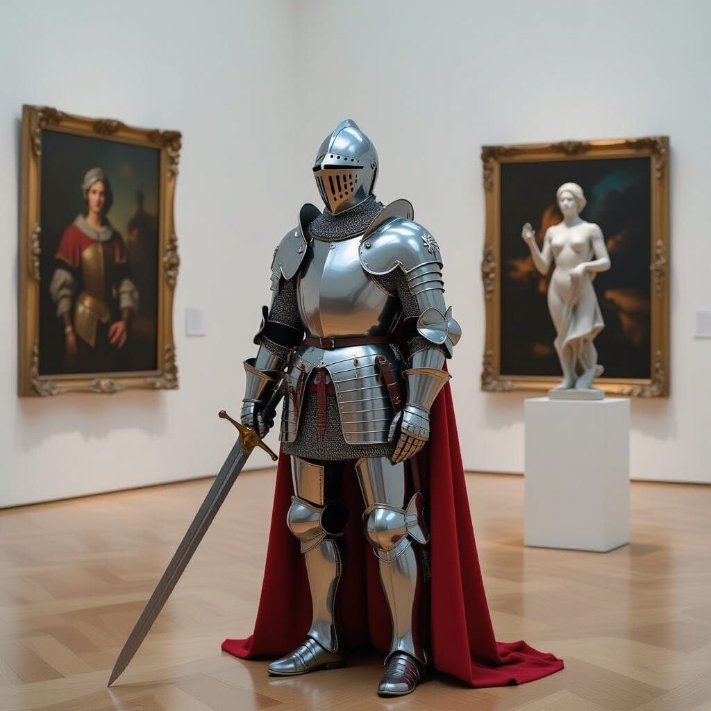 Knight in a Modern Art Museum, Photorealistic Digital Art
