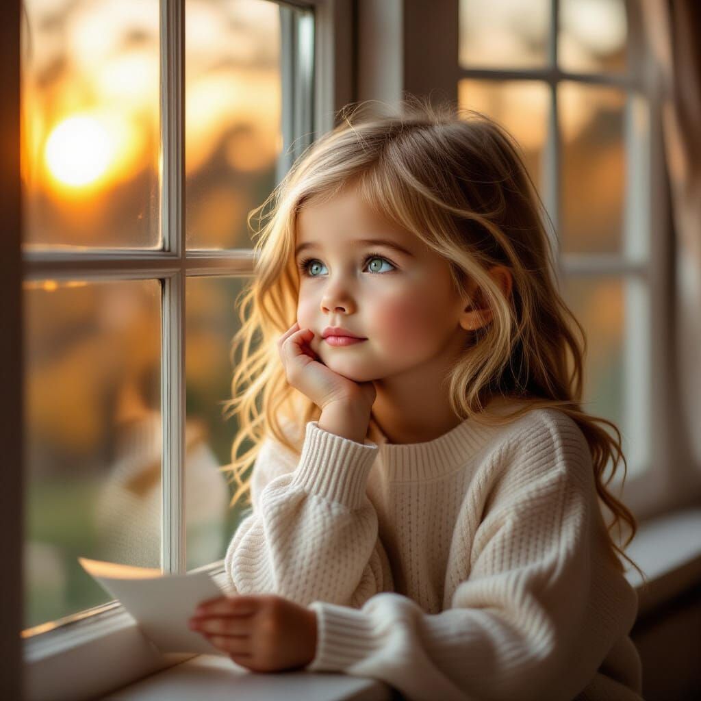 Girl Gazing at Sunset Through Autumn Trees Holding Letter