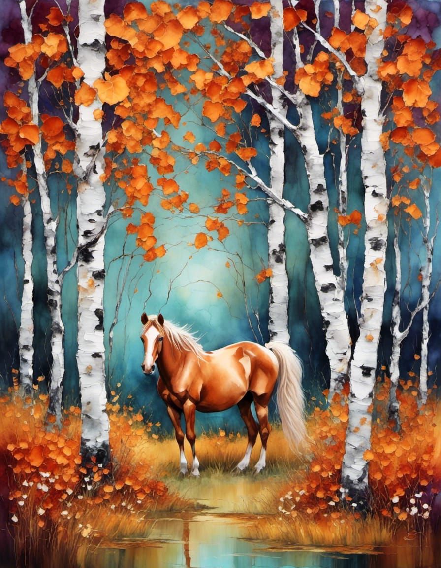 Palomino standing in Birch Trees