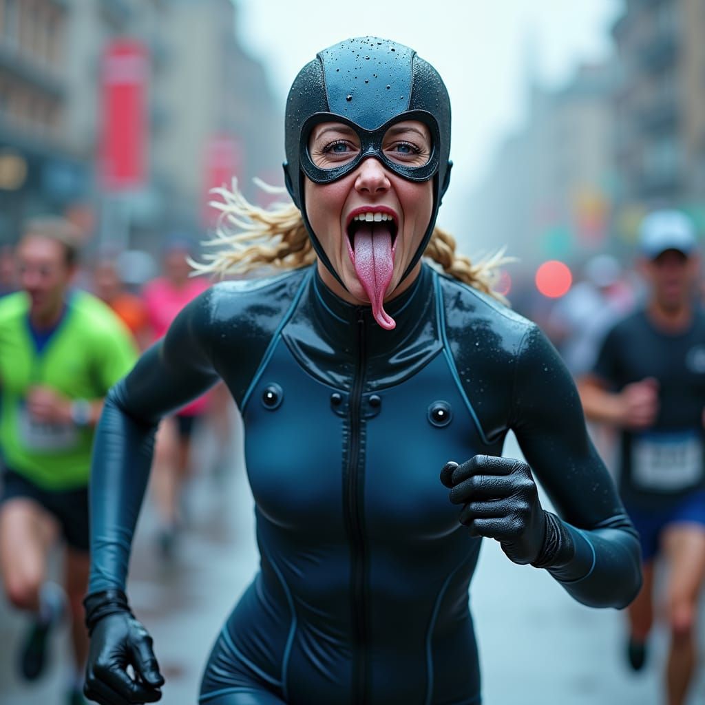 Exhausted Superhero Woman Runs Marathon in Photorealistic St...