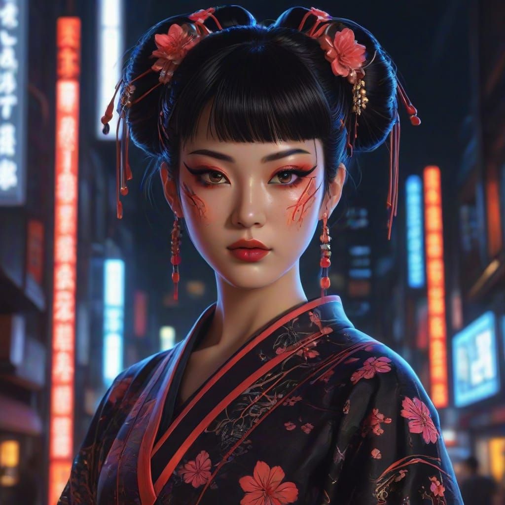 Cyberpunk Geisha Portrait in Syd Mead Style