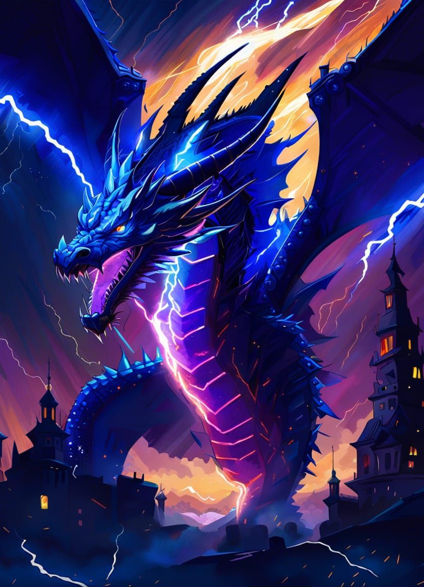 Cyberpunk Dragon Emerges from Lightning Vortex