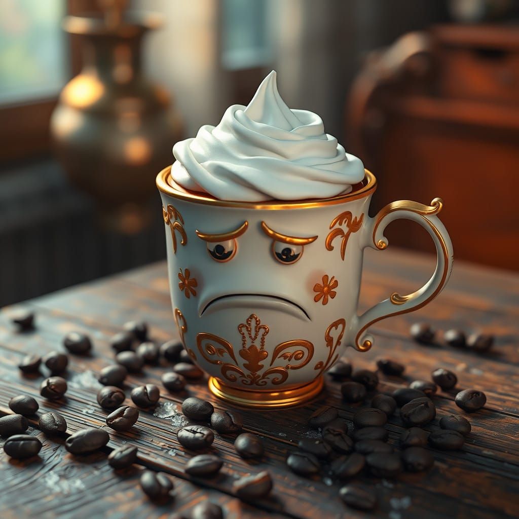 Whimsical Coffee Cup in Golden Filigree, with Melancholic Fr...