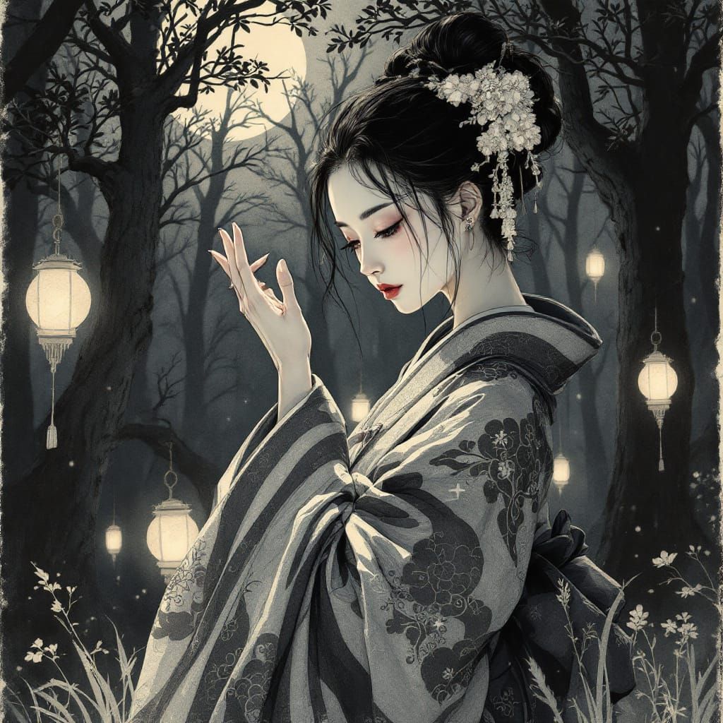 Mystical Shrine Maiden in Moonlit Forest Etching