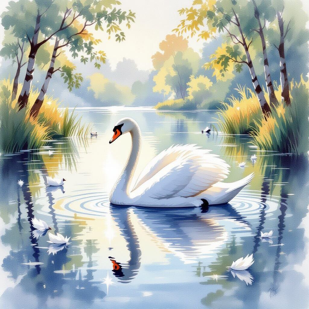 Fluffy Feathers Fall onto Water Surface in Watercolor Style