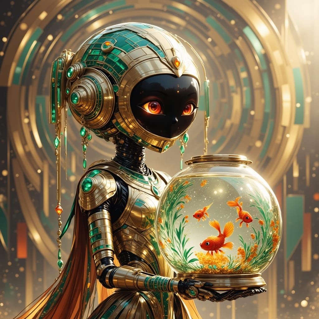 Cute Robot Holding a Fishbowl in Art Deco Style