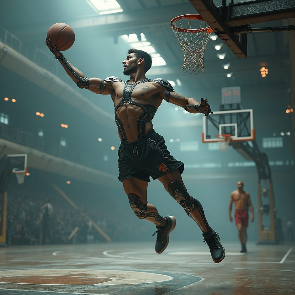 Cyborg Bodybuilder's Gravity-Defying Dunk in Cyberpunk Style