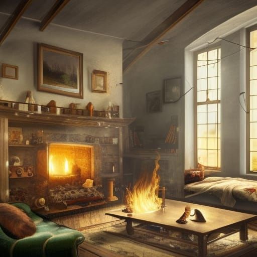 Cozy Fireplace Living Room in Detailed Fantasy Art