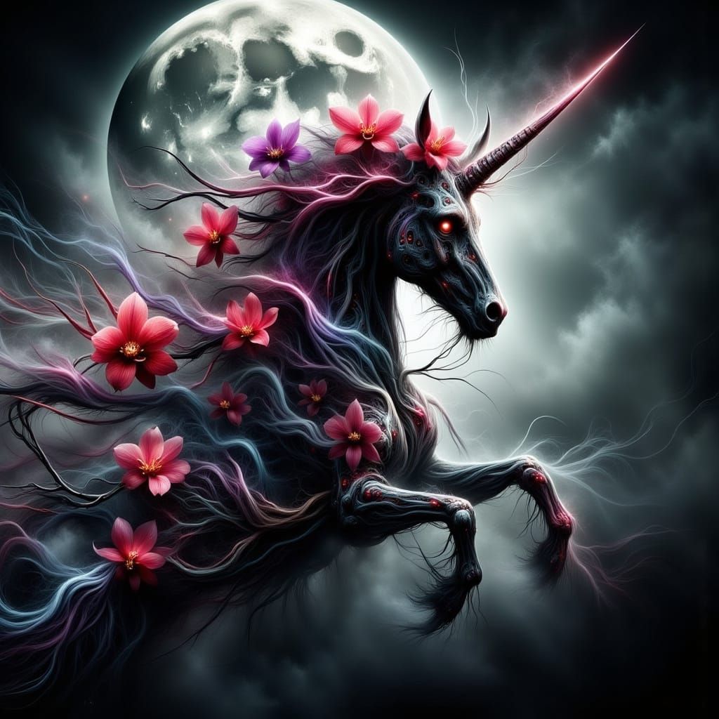 Eerie Unicorn Skeleton with Orchids in Motion