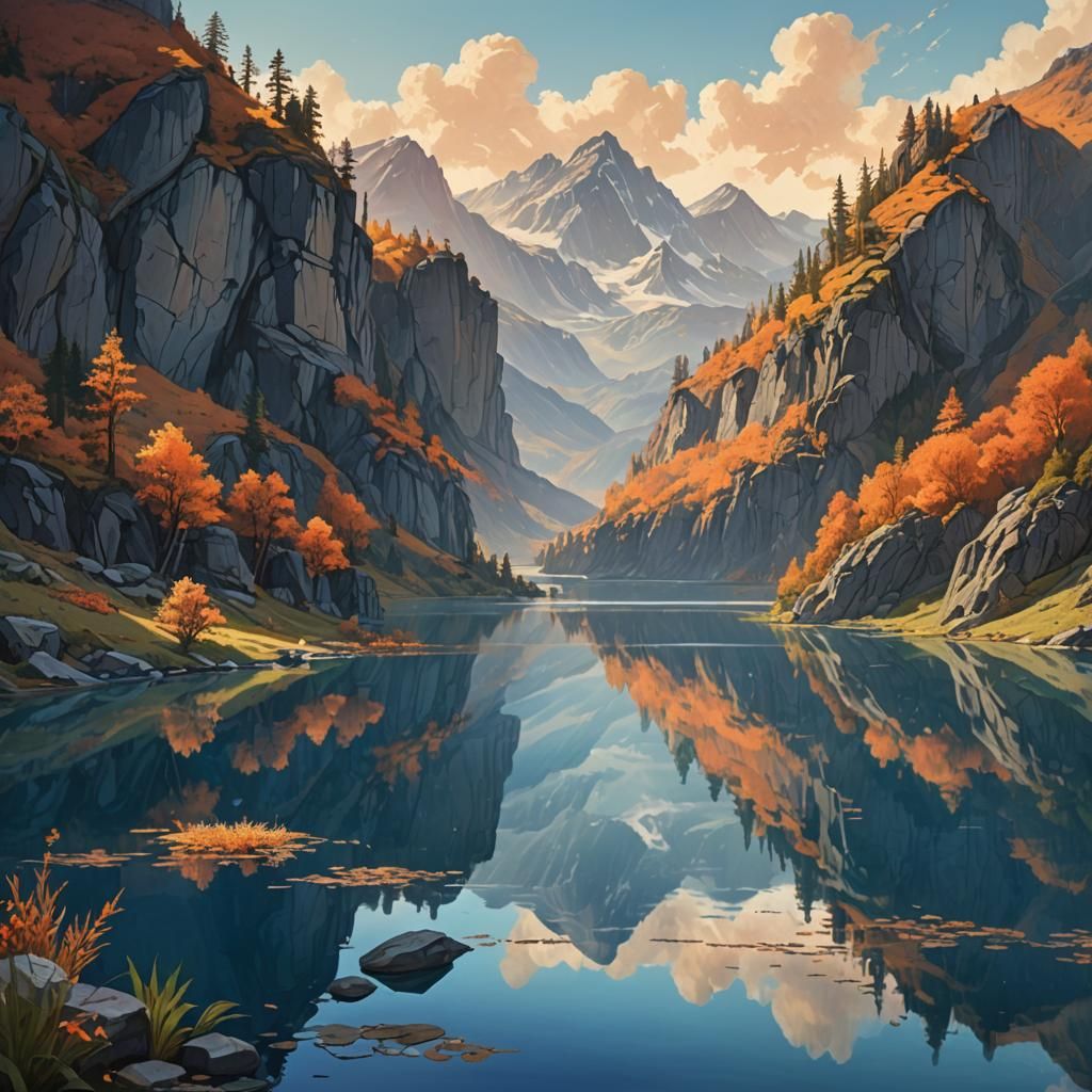 Serene Lake Reflecting a Fantastical Landscape