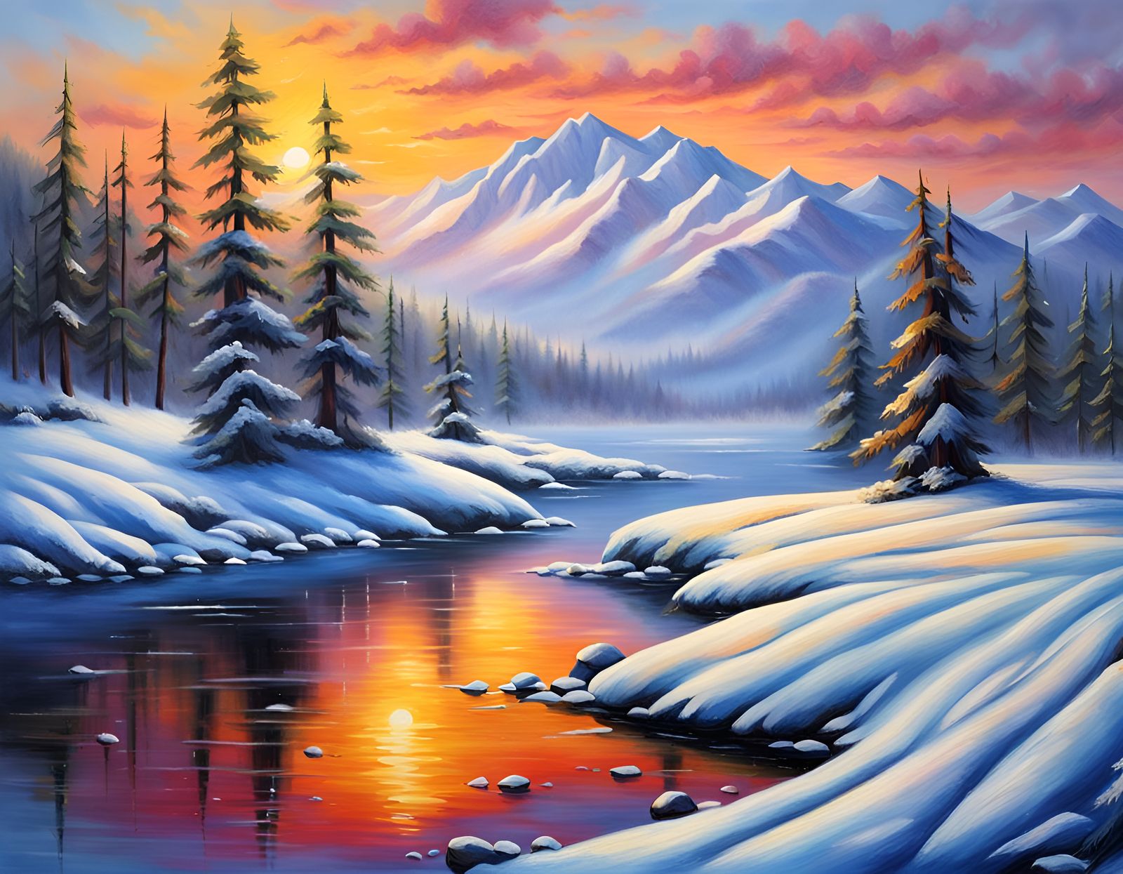 Kashmir Lake Mountain Sunset in Winter Landscape