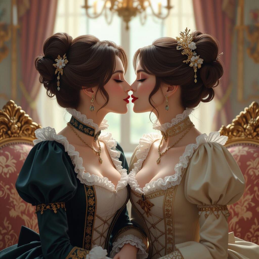 Elegant Women Share a Kiss in Anime Style